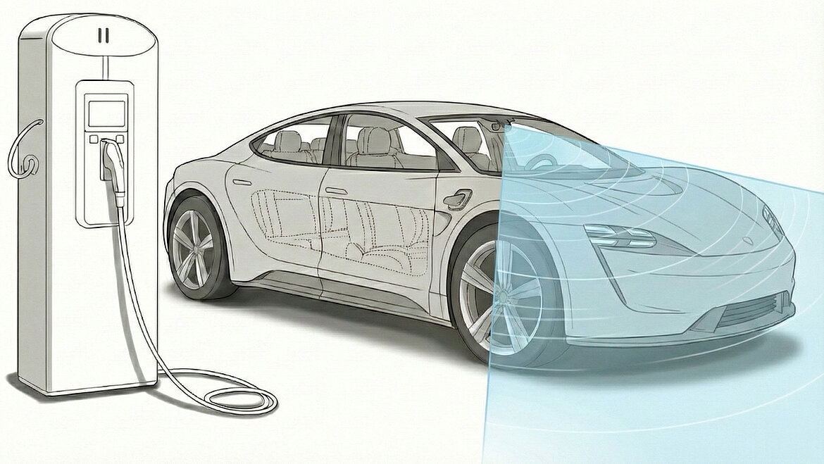 Illustration of an electric car at a charging station with marked front sensor area