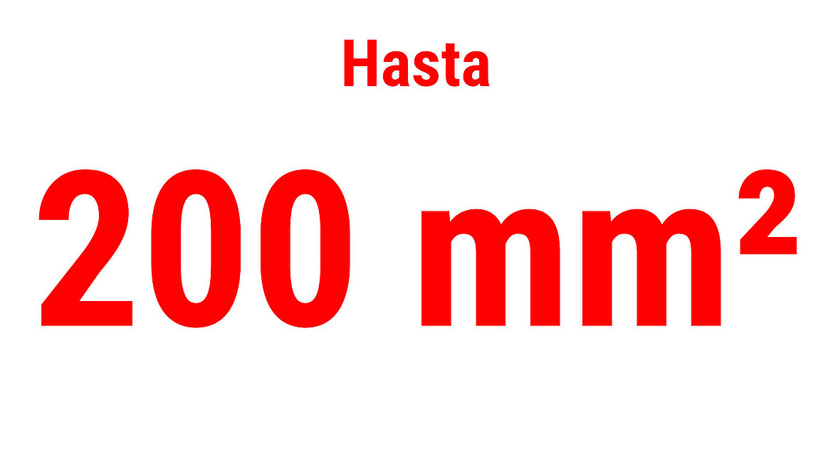 Texto rojo que muestra “Hasta 200 mm²” como indicador de rendimiento