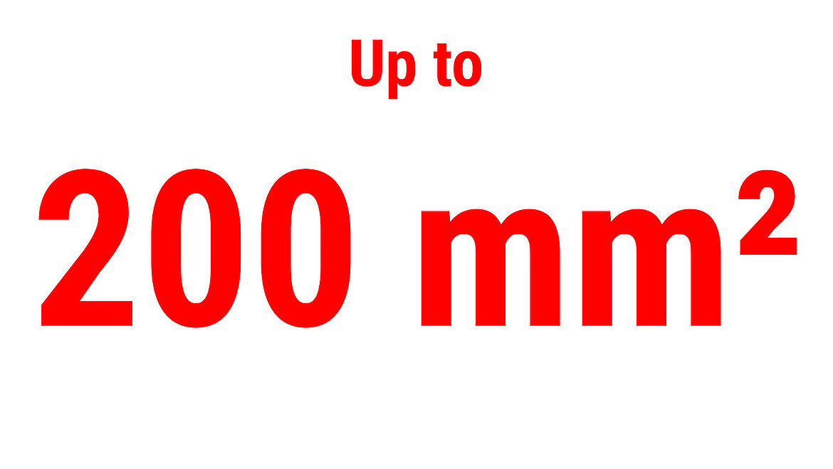 Red text showing “Up to 200 mm²” as a performance indicator