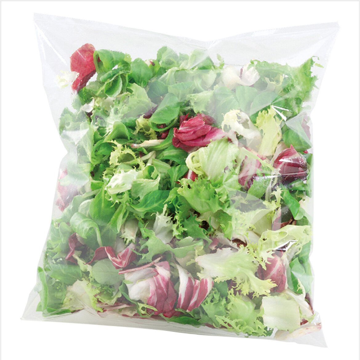 Ensalada fresca mezclada en bolsa de plástico transparente sellada