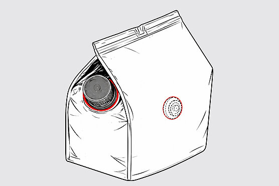 Beverage carton with spout and valve, ultrasonic seals marked in red