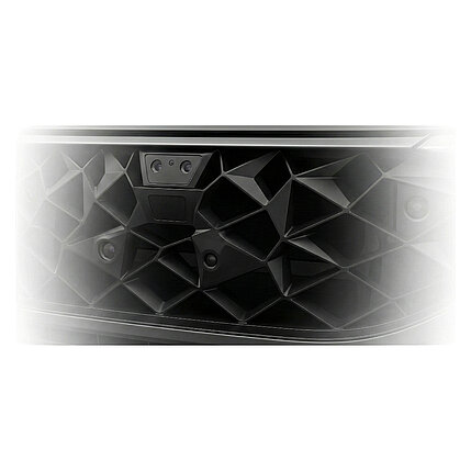 Black vehicle grille with faceted structure and integrated sensor opening
