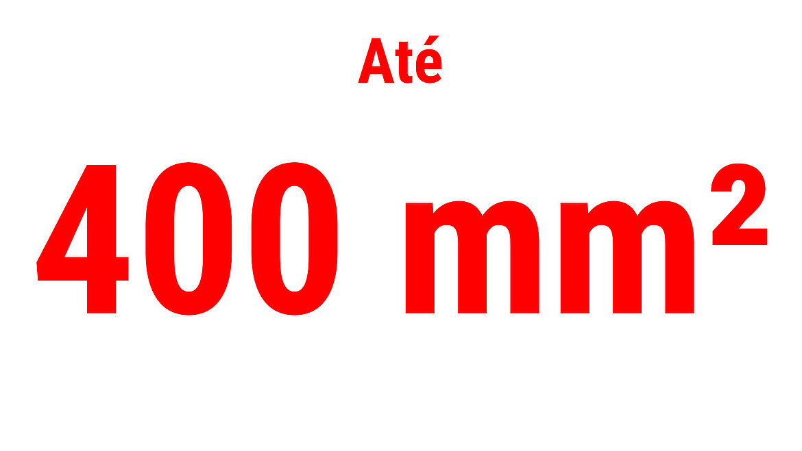 Texto vermelho mostra “Até 400 mm²” como indicador de desempenho