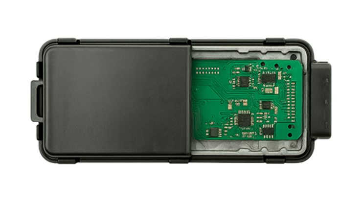 Electronic module with half-open cover and visible circuit board