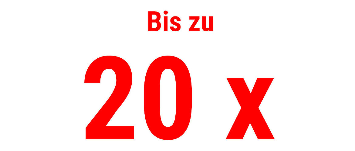 Roter Text mit der Aufschrift "Bis zu zwanzigmal"