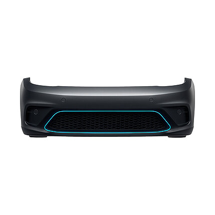Black front bumper with central air grille and blue‑accented contour