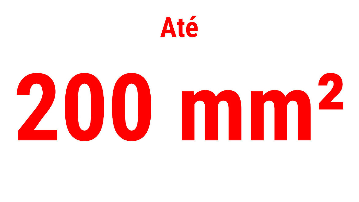 Texto vermelho mostra “Até 200 mm²” como indicador de desempenho