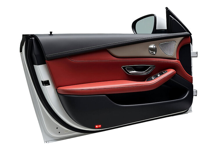 Car door interior with black and red leather and integrated control elements
