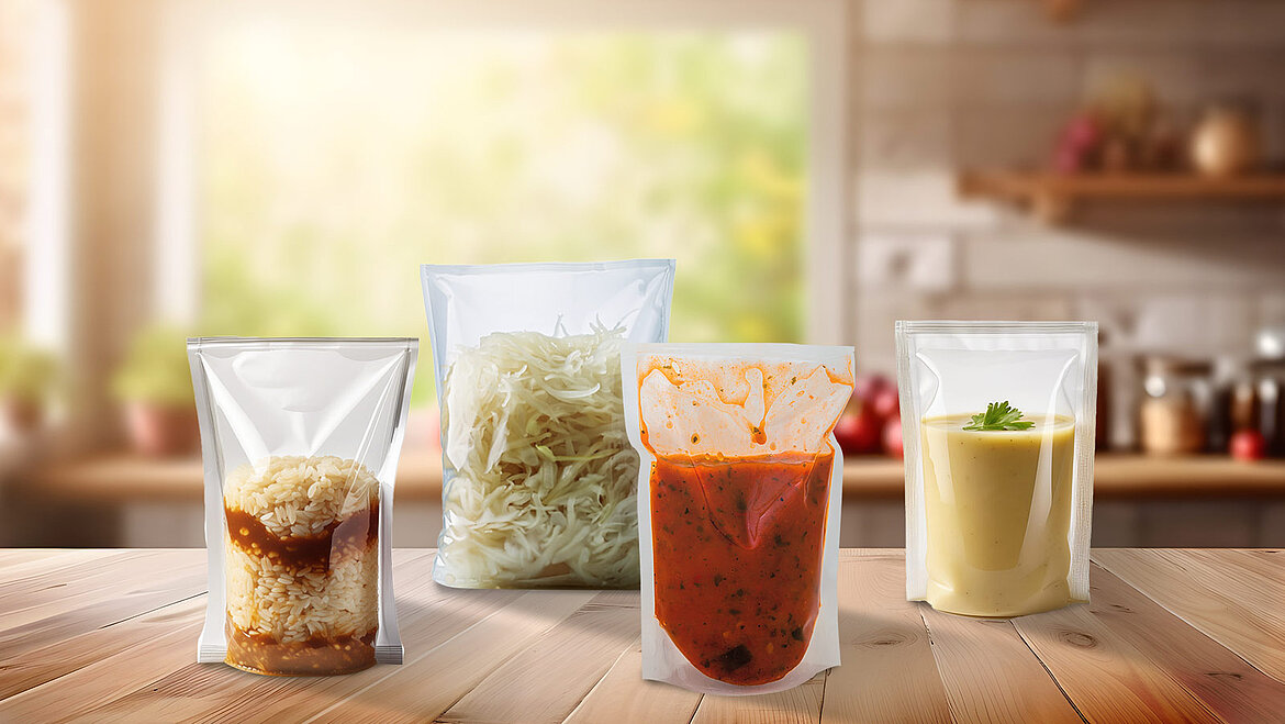 Collage von Ready Meals Applikationen Collage mehrerer Verpackungsinhalte, die mit Ultraschall versiegelt wurden.
