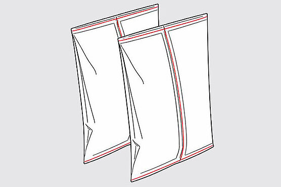 Pillow bag with red dashed ultrasonic longitudinal seal